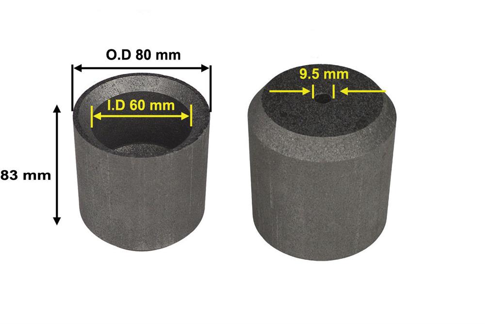 Graphite Crucible:80 mmOD x 60 mm ID x 83mm Height with 9.5mm pour
